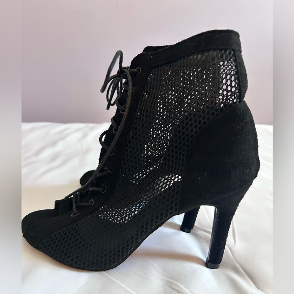 Black Lace-Up Mesh Peep-Toe Heels - Picture 2 of 7